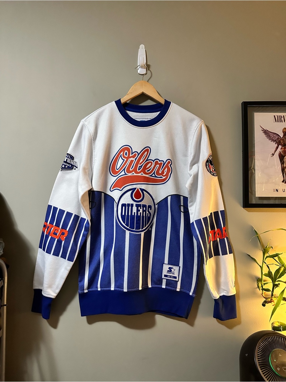 Starter Oilers Retro Stripe Crewneck Sweater - White & Blue